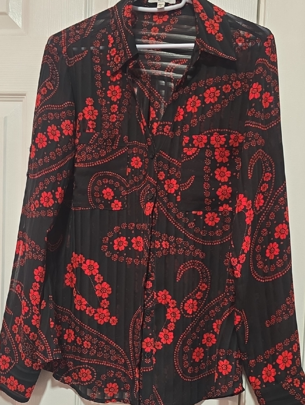 Black Express blouse with red paisley print